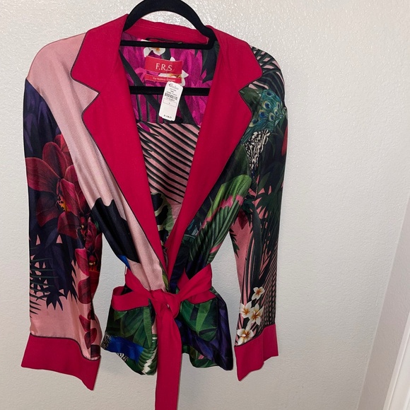 F.R.S For Restless Sleepers 100% Italian Silk Tropical Printed Belted Jacket SzM - Picture 1 of 14